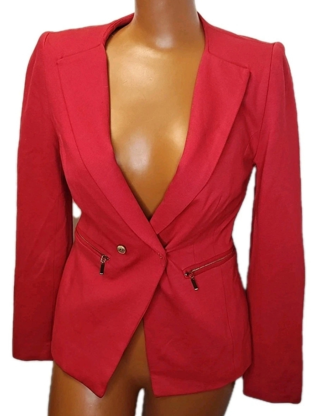 Vivienne Tam Blazer Women Sz 2 Red Gold Buttons Zippered Sleeve Holiday Jacket
